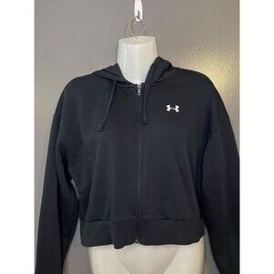 Under Armour Hoodie Womens Small Black Cropped Full Zip Fleece Logo Sweatshirt